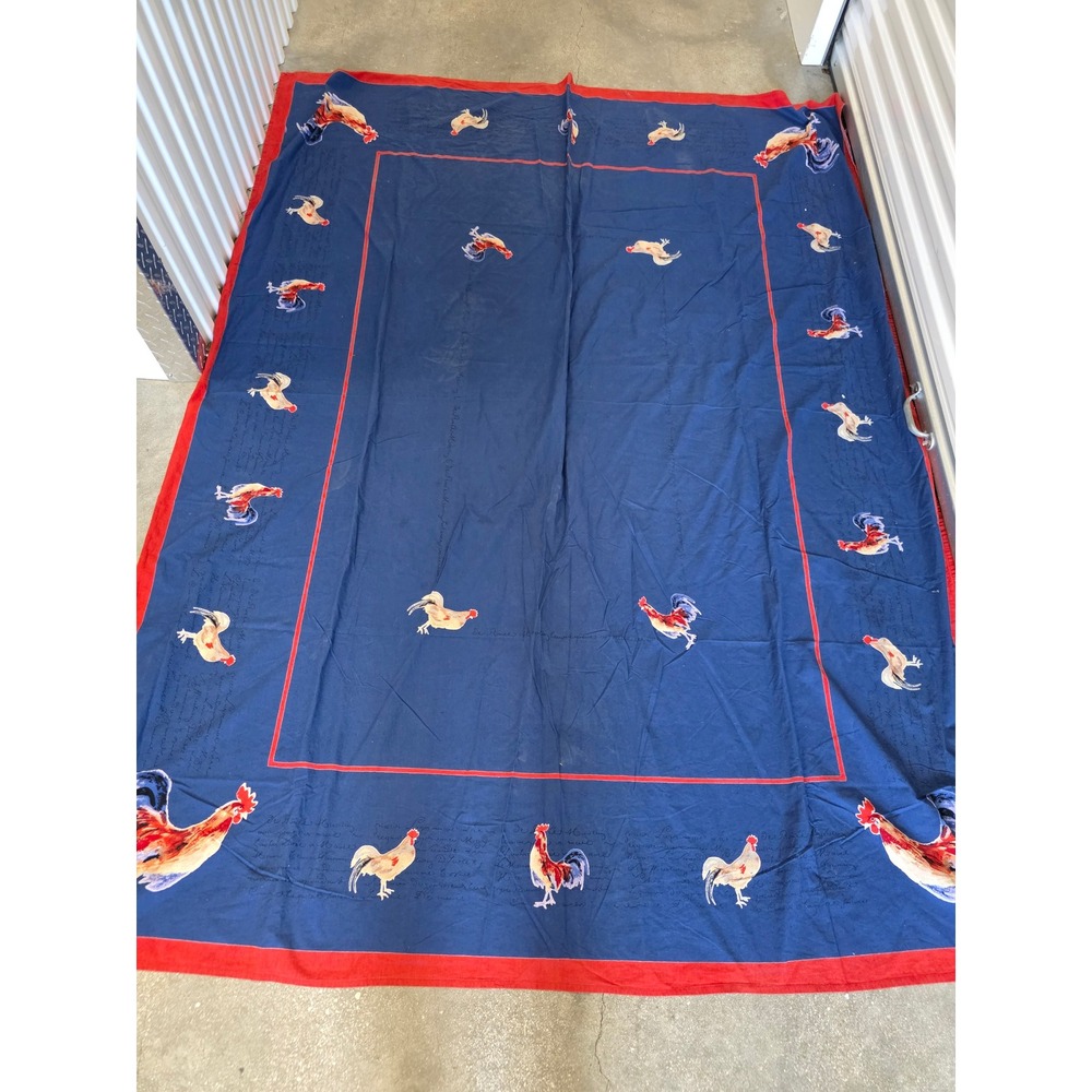 Williams Sonoma Rooster Script Tablecloth French Country Cotton Navy Blue 70x96